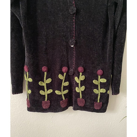 Vintage Papy Boez Black Knitted Sweater Cardigan Textured Flowers Small/Med - Picture 4 of 7